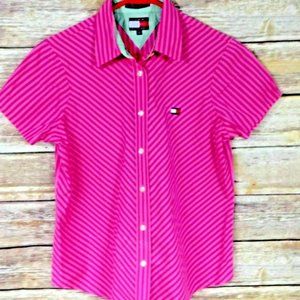 Tommy Hilfiger Blouse Pink Stripe Logo Short Slv